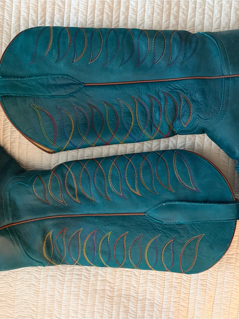 Justin Boots Teal Over-the-Knee Leather Boots with Multicolor Stitching